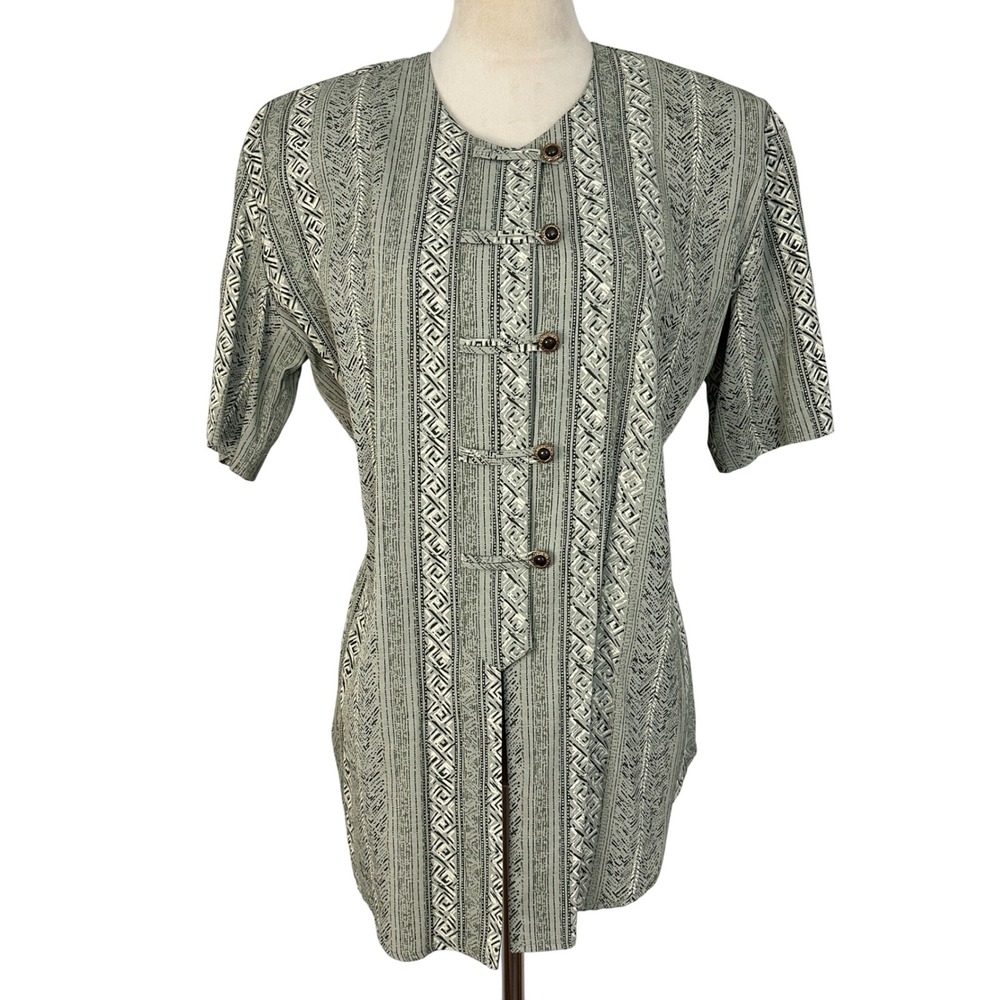 Vintage Pride & Joy Asian Style Button Down Top Geometric Print Blouse Petite 12